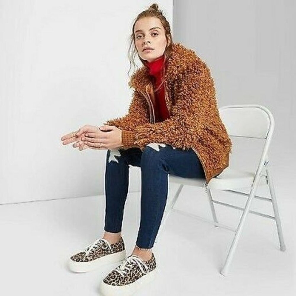 Wild Fable Womens Sherpa Faux Fur Zip Jacket Brown XS